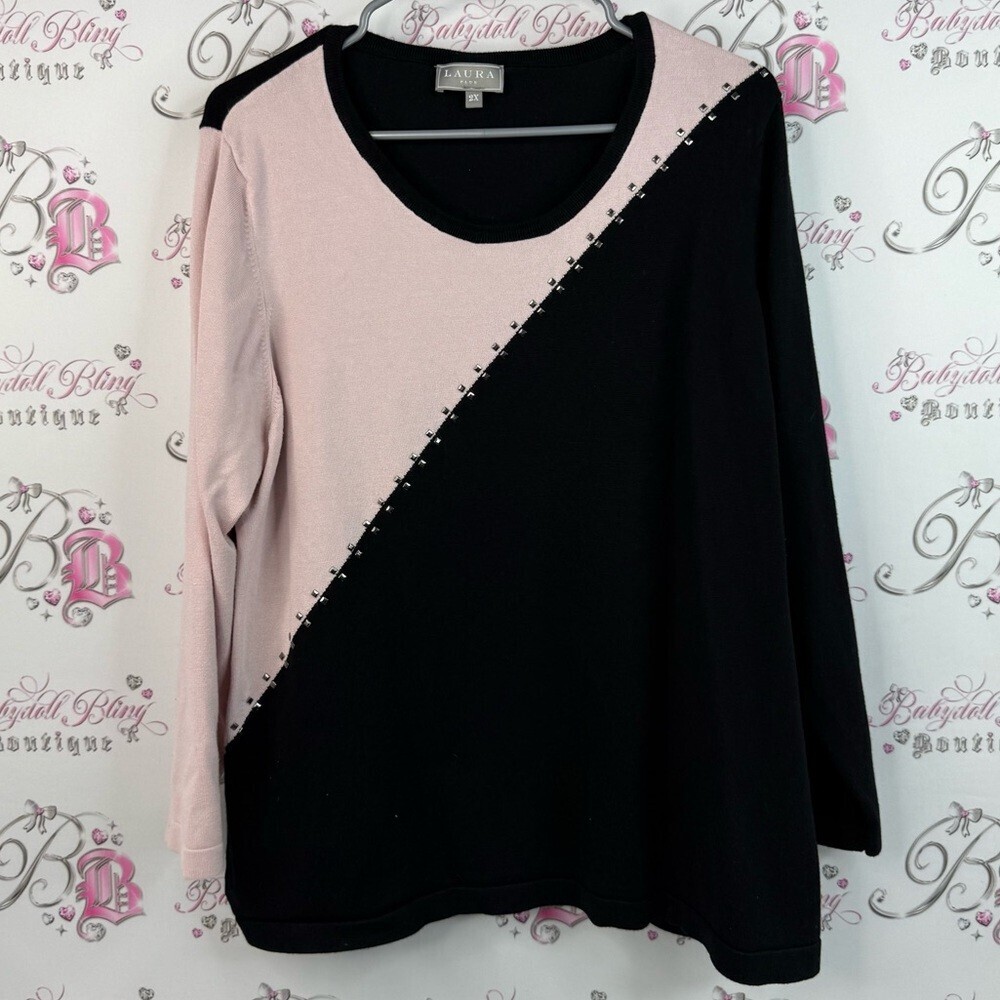 Laura shirt rhinestone diamond studs Two-Tone Pink and Black Long Sleeve Top